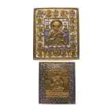 Two Russian enamelled bronze icons showing "Do not weep for me, Mother" and Saint Nicholas surrounded by prophets, 19th century