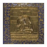 Two Russian enamelled bronze icons showing "Do not weep for me, Mother" and Saint Nicholas surrounded by prophets, 19th century