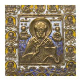 Two Russian enamelled bronze icons showing "Do not weep for me, Mother" and Saint Nicholas surrounded by prophets, 19th century