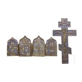 Two Russian bronze icons - a large cross and a tetraptych, 19th/20th century