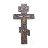 Two Russian bronze icons - a large cross and a tetraptych, 19th/20th century