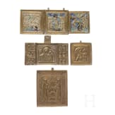 Two Russian bronze triptychs and two brass icons, 18th/19th century