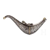 A silver decorated Indian powder flask, 19th century