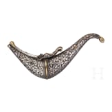 A silver decorated Indian powder flask, 19th century