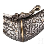 A silver decorated Indian powder flask, 19th century