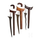 Three Indonesian kris blades and two handles, Sumatra-Palembang and Bali-Tengah, probably 20th century