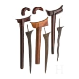 Three Indonesian kris blades and two handles, Sumatra-Palembang and Bali-Tengah, probably 20th century