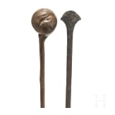 A South African wooden club (knobkerrie) and spear blade, circa 1900
