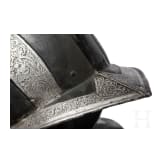 A South German black and white half armour with etched bands for a man-at-arms, circa 1560