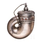Silberne Pulverflasche in Muschelform, Bhopal, 19. Jhdt.