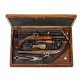 Ein Paar Perkussionspistolen im Kasten, Damm(?) in Elberfeldt, um 1840