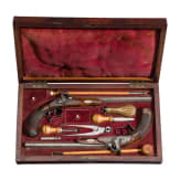 Ein Paar Perkussionspistolen mit gravierter Tell-Legende im Kasten, F. Weiland in Kassel, um 1840/50