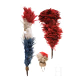 Two old French feather bushes and a German woollen pompom, 19th/20th century