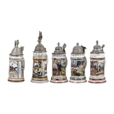 Five regimental stein mugs, W&uuml;rttemberg, Baden and IR 56, 1896 - 1907