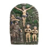 Hafnerkeramik-Bildtafel mit Kreuzigungsrelief, s&uuml;ddeutsch/&Ouml;sterreich, um 1600