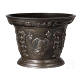A distinguished, large French apothecary mortar with portrait of Louis XIV, dated 1692