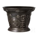 A distinguished, large French apothecary mortar with portrait of Louis XIV, dated 1692