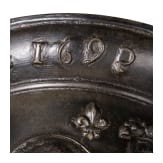 A distinguished, large French apothecary mortar with portrait of Louis XIV, dated 1692