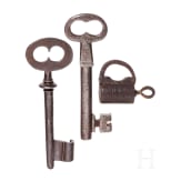 Two large iron keys and a lock, circa 1850