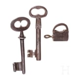 Two large iron keys and a lock, circa 1850