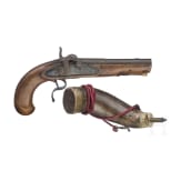 Perkussionspistole und Pulverhorn, um 1800