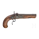 Perkussionspistole und Pulverhorn, um 1800