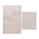 Kaiser Franz Joseph I. von &Ouml;sterreich - eigenh&auml;ndige Antwort mit Paraphe, datiert "Sch&ouml;nbrunn, am 23. September 1911", sowie undatierte Anweisung wohl an Hofsekret&auml;r von P&aacute;pay