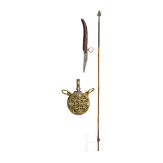 Bambuspfeil, Pulverflasche und Okapi-Klappmesser, Indien/Marokko/deutsch, 19./20. Jhdt.