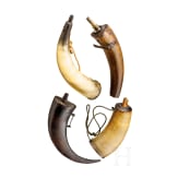 Four large German horn powder flasks, 18th/19th century
