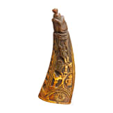 An elaborately carved Alpine horn powder flask, dated 1780