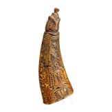 An elaborately carved Alpine horn powder flask, dated 1780