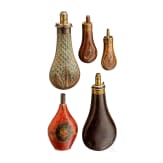 Five German, English and American powder flasks, 19th century