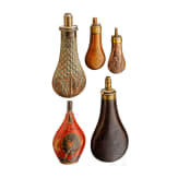 Five German, English and American powder flasks, 19th century