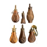 Six German and French powder flasks, 19th century
