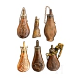 Six German and French powder flasks, 19th century