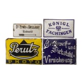 Vier Emailleschilder, darunter "Perutz Photo" und "K&ouml;nigl. Fachingen Mineralwasser", deutsch, 1920er Jahre