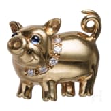 Goldbrosche in Form eines Schweinchens, London, E. Wolfe & Co.
