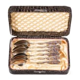 Sechs Teel&ouml;ffel mit Emaille-Bl&uuml;ten im Etui, Sowjetunion, Leningrad, nach 1958