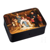 Lackdose mit seltenem Motiv "Das Eintreiben von Schulden", Russland, Ostaschkowo, Werkstatt Osip F. Wischnjakow mit S&ouml;hnen, 1887-96