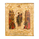 Ikone mit der Gottesmutter "Freude aller Leidenden" mit vergoldetem Basma, Russland, 19. Jhdt.