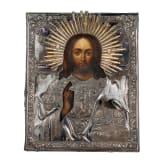 Ikone mit Christus als Weltenherrscher mit Silberoklad, Russland, 19. Jhdt. (Ikone), Moskau, wohl Dimitrij Alexandrow, 1840 (Oklad)