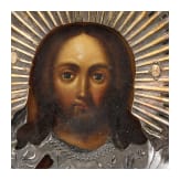 Ikone mit Christus als Weltenherrscher mit Silberoklad, Russland, 19. Jhdt. (Ikone), Moskau, wohl Dimitrij Alexandrow, 1840 (Oklad)