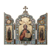 Bedeutendes Cloisonn&eacute;-Email-Ikonen-Triptychon mit dem Christus Pantokrator, Russland, Moskau, Pawel Owtschinnikow, 1897