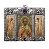 Bedeutende Ikone mit dem Heilgen Nikolaus von Myra mit Silberoklad, Russland, Moskau, Kuzma Konow, 1908 - 1917