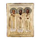 Ikone mit den drei heiligen Hierarchen mit Vermeil-Oklad und Cloisonn&eacute;-Email-Nimben, Russland, Ende 19. Jhdt. (Ikone), 1896 - 1908 (Oklad)