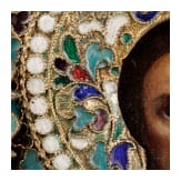 Ikone mit den drei heiligen Hierarchen mit Vermeil-Oklad und Cloisonn&eacute;-Email-Nimben, Russland, Ende 19. Jhdt. (Ikone), 1896 - 1908 (Oklad)