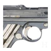 Pistole 08, DWM, 1915, mit Durchschuss, dazu Koffertasche