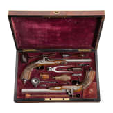 Ein Paar Perkussionspistolen im Kasten, Jean-Baptiste Rong&eacute; Fils in L&uuml;ttich, um 1850