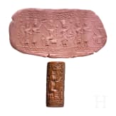 Ancient Babylonian cylinder seal made of brown jasper depicting a cult scene, approx. 1900&ndash;1700 B.C.