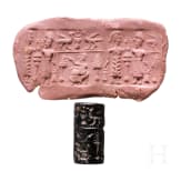 Ancient Babylonian cylinder seal made of brown jasper depicting a cult scene, approx. 1900&ndash;1700 B.C.